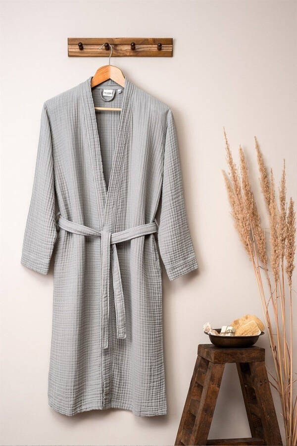 Gri Unisex Kimono Müslin Bornoz - %100 Pamuklu & Yüksek Su Emici Bornoz - Gri - 1
