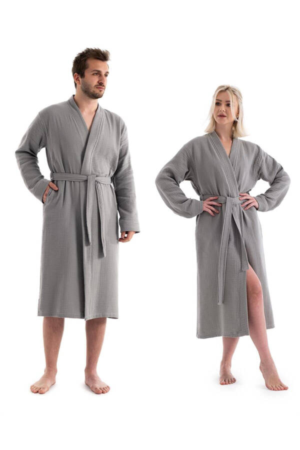 Gri Unisex Kimono Müslin Bornoz - %100 Pamuklu & Yüksek Su Emici Bornoz - Gri - 2