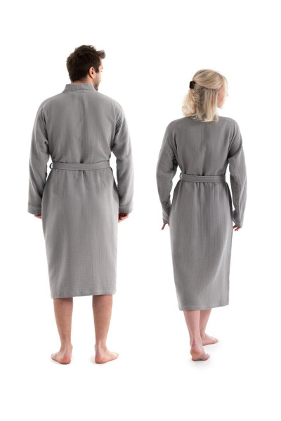Gri Unisex Kimono Müslin Bornoz - %100 Pamuklu & Yüksek Su Emici Bornoz - Gri - 3