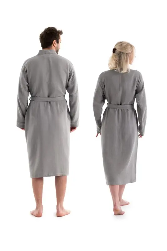 Gri Unisex Kimono Müslin Bornoz - %100 Pamuklu & Yüksek Su Emici Bornoz - Gri - 3