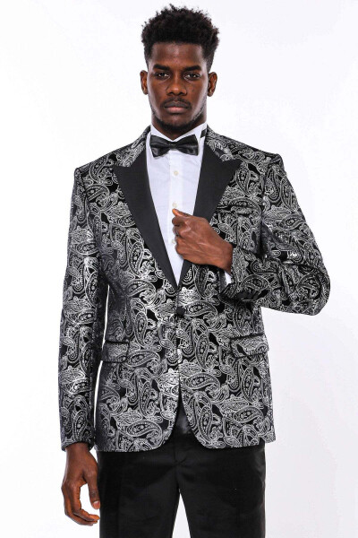 Gold Patterned Over Grey Men Prom Blazer - Wessi - Black - 3