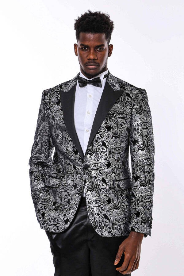 Gold Patterned Over Grey Men Prom Blazer - Wessi - Black - 4