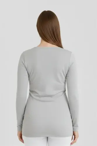 Gri Uzun Kollu Hamile Tişört Pamuklu Likralı Yumuşak ve Esnek Kumaş - 3