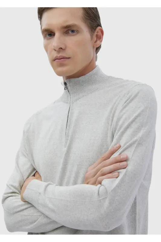 Gri Yarım Balıkçı Yaka Düz Örgü Yün Karışımlı Triko Kazak-Gri - 4