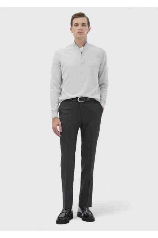 Gri Yarım Balıkçı Yaka Düz Örgü Yün Karışımlı Triko Kazak-Gri - 2