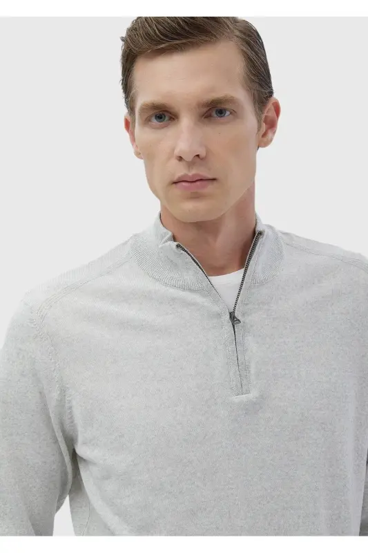 Gri Yarım Balıkçı Yaka Düz Örgü Yün Karışımlı Triko Kazak-Gri - 3