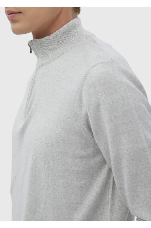 Gri Yarım Balıkçı Yaka Düz Örgü Yün Karışımlı Triko Kazak-Gri - 5