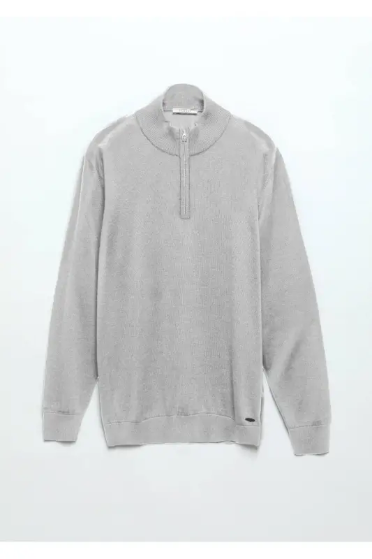 Gri Yarım Balıkçı Yaka Düz Örgü Yün Karışımlı Triko Kazak-Gri - 8