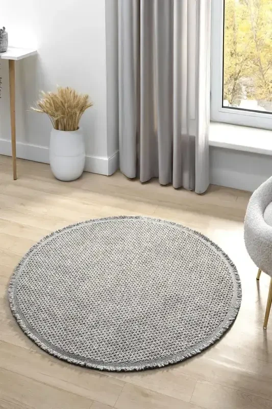 Gri Yumuşak Dokulu Yuvarlak Halı Kilim Salon Mutfak Koridor Yolluk Dokuma Makine Halısı 0010 DAİRE-Gri 4 - 1