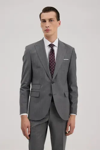 Gri Yünlü Slim Fit Sivri Yaka Takım Elbise 