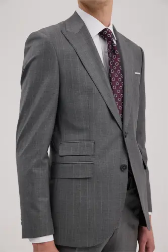 Gri Yünlü Slim Fit Sivri Yaka Takım Elbise - 3