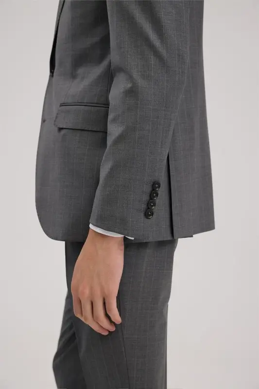 Gri Yünlü Slim Fit Sivri Yaka Takım Elbise - 5