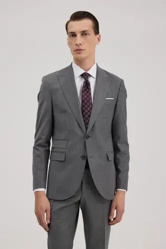 Gri Yünlü Slim Fit Sivri Yaka Takım Elbise - 1