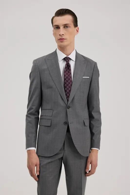 Gri Yünlü Slim Fit Sivri Yaka Takım Elbise - 1