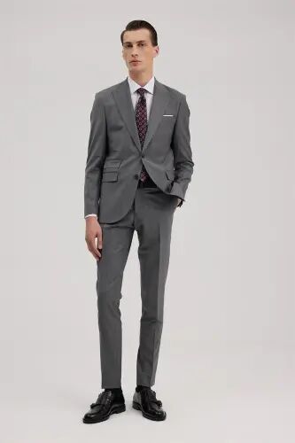 Gri Yünlü Slim Fit Sivri Yaka Takım Elbise - Jakamen (1)