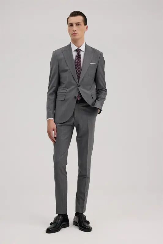 Gri Yünlü Slim Fit Sivri Yaka Takım Elbise - 2