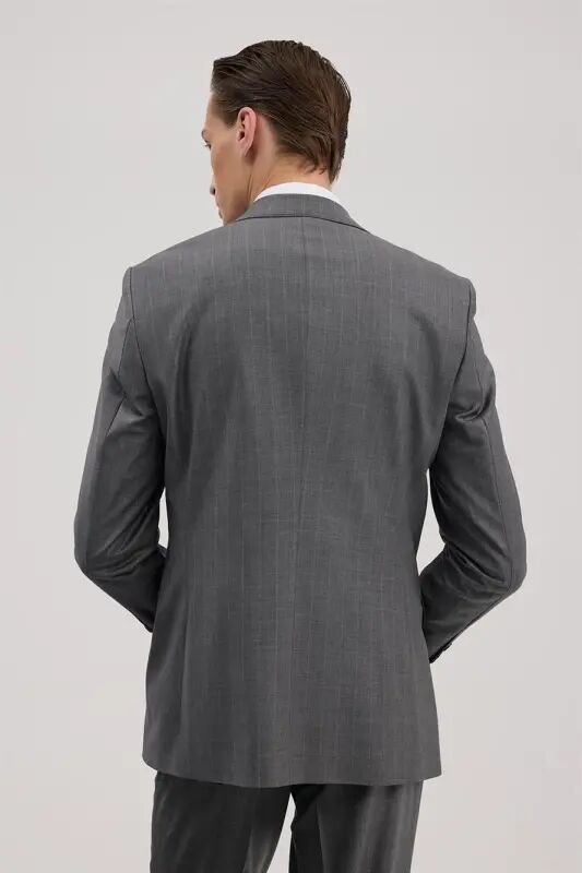 Gri Yünlü Slim Fit Sivri Yaka Takım Elbise - 4