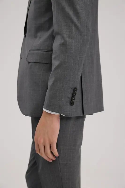 Gri Yünlü Slim Fit Sivri Yaka Takım Elbise - 5