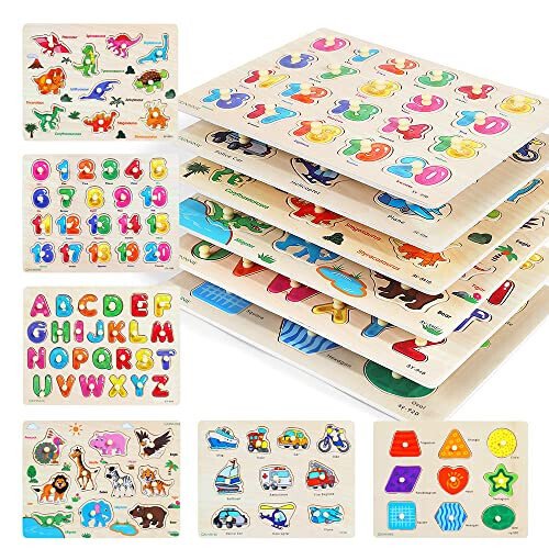 GRINNNIE Wooden Peg Puzzle for Toddlers, 6 Pack Toddler Puzzles Set for 3 4 5 Years Old (Alphabet Number Shape Animal Dinosaur Vehicle), Preschool Education Learning Puzzle Toys for Girls and Boys - 31