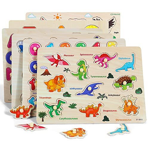 GRINNNIE Wooden Peg Puzzle for Toddlers, 6 Pack Toddler Puzzles Set for 3 4 5 Years Old (Alphabet Number Shape Animal Dinosaur Vehicle), Preschool Education Learning Puzzle Toys for Girls and Boys - 28