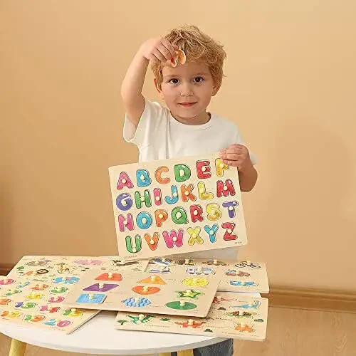 GRINNNIE Yog'och Shpalli Puzzle Bolalar uchun, 6 Ta Bolalar Puzzle To'plami 3 4 5 Yosh (Alifbo Raqam Shakl Hayvon Dinozavr Transport), Maktabgacha Ta'lim O'rganish Puzzle O'yinchoqlari Qiz va O'g'il Bolalar uchun - 20