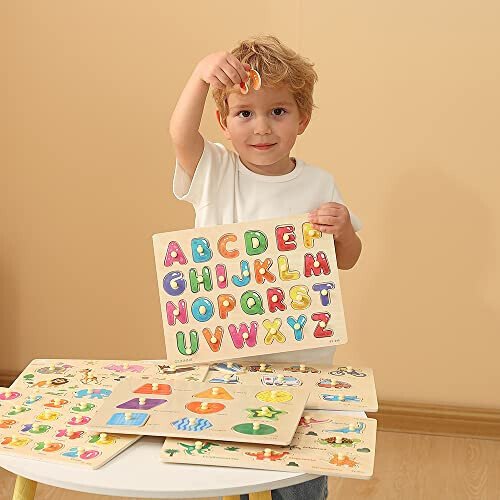 GRINNNIE Yog'och Shpalli Puzzle Bolalar uchun, 6 Ta Bolalar Puzzle To'plami 3 4 5 Yosh (Alifbo Raqam Shakl Hayvon Dinozavr Transport), Maktabgacha Ta'lim O'rganish Puzzle O'yinchoqlari Qiz va O'g'il Bolalar uchun - 8