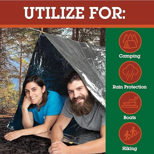Grizzly Gear Emergency Thermal Tent - Reflective Mylar Survival Shelter - XL Size Waterproof Tube Tent Retains Heat and Fits 2 Adults in All Weather - 3
