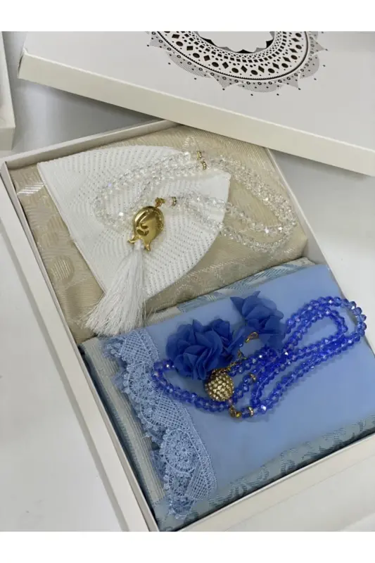 Groom Basket Bride Basket Prayer Rug Set Engagement Basket Dowry Set-baby blue white - ÇEYIZLIK SETIM