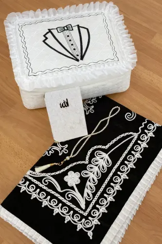 Groom figure 4 piece velvet prayer rug, dowry set for bride and groom. - 3