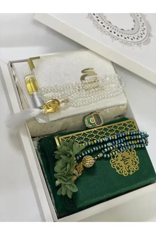 Groom Gift Bundle Bride Gift Bundle Prayer Rug Set Engagement Bundle Prayer Rug Set-green white - ÇEYIZLIK SETIM