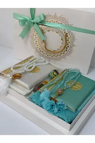 Groom Gift Bundle Bride Gift Bundle Prayer Rug Set Engagement Bundle Prayer Rug Set-teal and gray - ÇEYIZLIK SETIM (1)