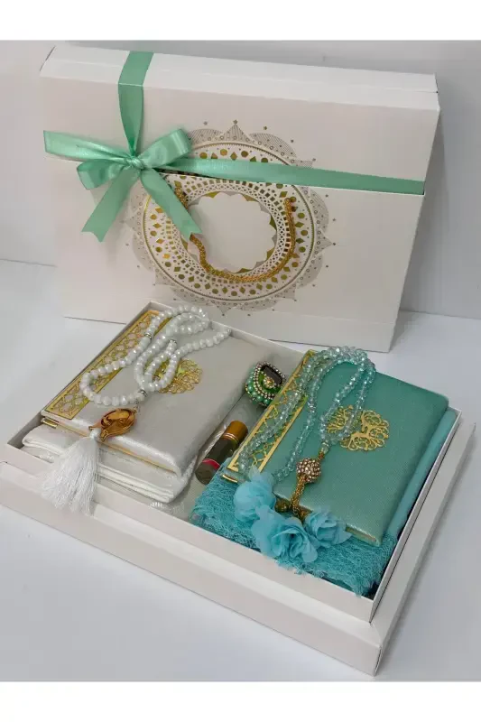 Groom Gift Bundle Bride Gift Bundle Prayer Rug Set Engagement Bundle Prayer Rug Set-teal and gray - 4