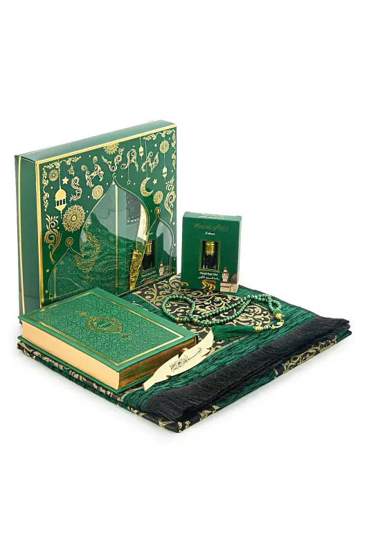 Groom's Dowry Quran and Trousseau Prayer Rug Set Green-Thermo Green - 1