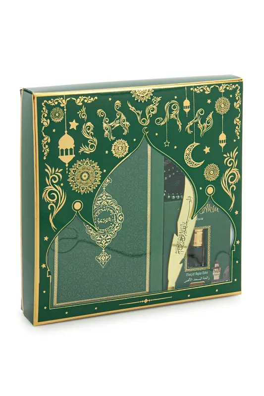 Groom's Dowry Quran and Trousseau Prayer Rug Set Green-Thermo Green - 2