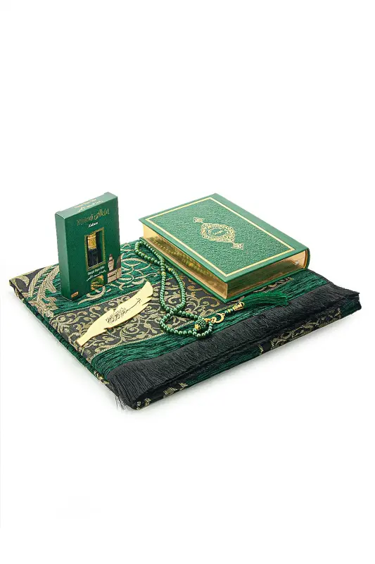 Groom's Dowry Quran and Trousseau Prayer Rug Set Green-Thermo Green - 3