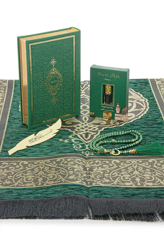 Groom's Dowry Quran and Trousseau Prayer Rug Set Green-Thermo Green - 4