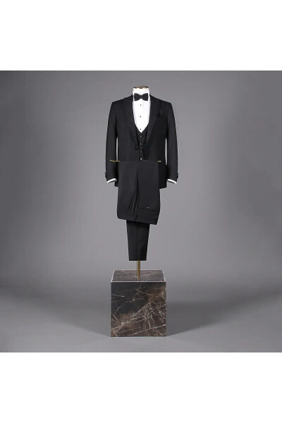 Groom's Suit with Interview Collar, Sequin Black Vest - SARAR (1)