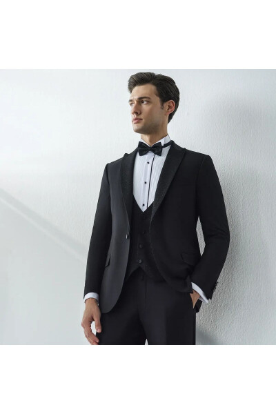 Groom's Suit with Interview Collar, Sequin Black Vest - 1