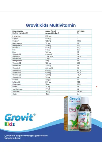 Grovit Kids Arginin, Lizin, Multivitamin va Multimineralli Suyuq Qo'shimcha Oziq-ovqat 150ml - 3