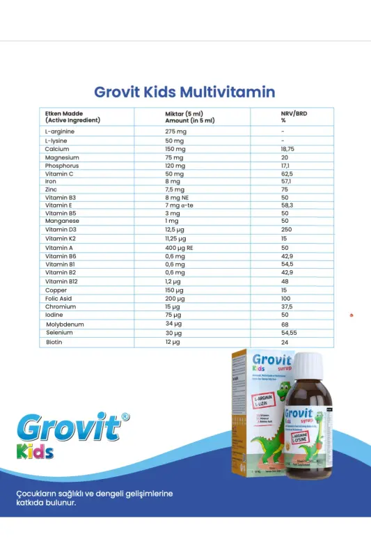 Grovit Kids Arginin, Lizin, Multivitamin va Multimineralli Suyuq Qo'shimcha Oziq-ovqat 150ml - 3