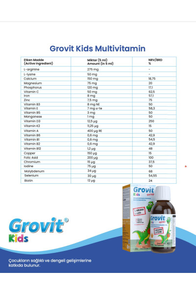 Grovit Kids Liquid Supplement Food with Arginine, Lysine, Multivitamins and Multiminerals 150ml - 2