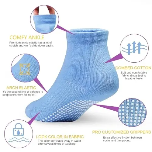 GRPSKCOS Baby Socks Boys Girls, 12 Pairs Non Slip Socks Anti Skid Sticky Cotton Socks for 0-7 Years Infant Toddler Kids - 6