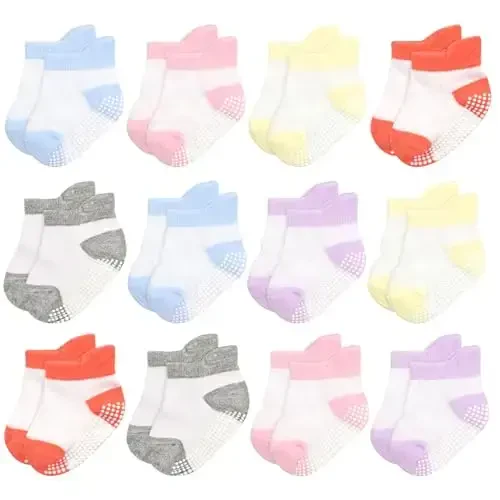 GRPSKCOS Non Slip Toddler Baby Socks 12 Pairs Anti Skid Ankle Socks for Girls Boys Grips Sock for 0-7 Years Children 