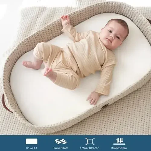 GRSSDER Cho‘ziluvchan Ultra Yumshoq O‘rnatilgan Bassinet choyshab 2 to‘plami, Bassinetlar uchun universal mos Baby Cradle Moses savati Oval to‘rtburchaklar matrasi Xavfsiz va qulay, Qizlar uchun Jersi Bassinet choyshablari, Oq/kulrang - 3