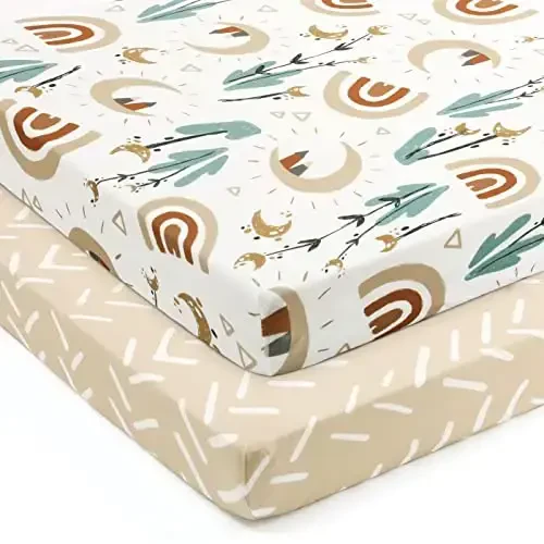 GRSSDER Stretchy Pack and Play Sheets, Ultra Soft Jersey Knit Fitted Pack n Play Sheets Set 2 Pack, Portable/Mini Cribs Sheets for Girls and Boys, Rainbow Pattern - GRSSDER (1)