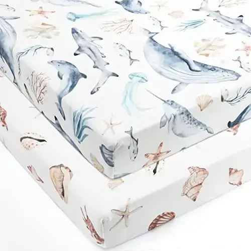 GRSSDER Stretchy Super Soft Jersey Knit Fitted Pack n Play Sheets Set 2 Pack,Portable/Mini Crib Sheets Snug and Safe,Beautiful Marine Organism for Boys and Girls - 2