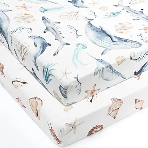 GRSSDER Stretchy Super Soft Jersey Knit Fitted Pack n Play Sheets Set 2 Pack, Universal Fitted for Portable/Mini Crib Mattresses Snug and Safe, Beautiful Marine Organism for Boys and Girls - 2