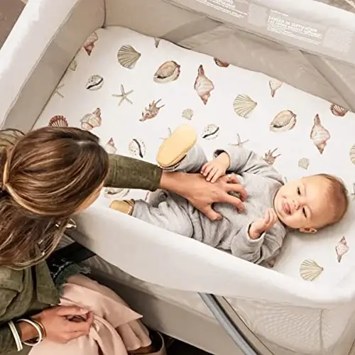 GRSSDER Stretchy Super Soft Jersey Knit Fitted Pack n Play Sheets Set 2 Pack, Universal Fitted for Portable/Mini Crib Mattresses Snug and Safe, Beautiful Marine Organism for Boys and Girls - 3