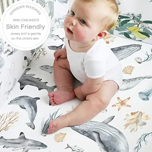 GRSSDER Stretchy Super Soft Jersey Knit Fitted Pack n Play Sheets Set 2 Pack, Universal Fitted for Portable/Mini Crib Mattresses Snug and Safe, Beautiful Marine Organism for Boys and Girls - 5