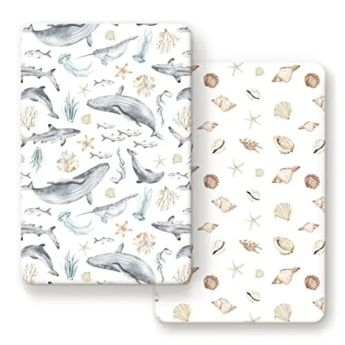 GRSSDER Stretchy Super Soft Jersey Knit Fitted Pack n Play Sheets Set 2 Pack,Portable/Mini Crib Sheets Snug and Safe,Beautiful Marine Organism for Boys and Girls - 1